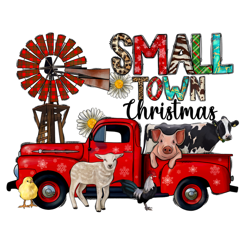 This charming illustration features a vintage red truck surrounded by playful farm animals and a whimsical "SMALL TOWN" design.DTF Transfers