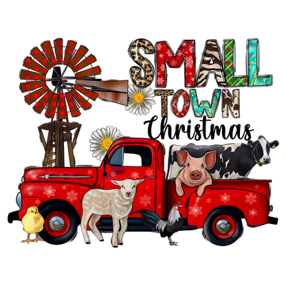 This charming illustration features a vintage red truck surrounded by playful farm animals and a whimsical "SMALL TOWN" design.DTF Transfers