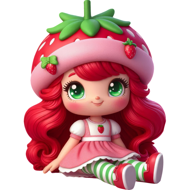 Meet the adorable strawberry-themed doll with vibrant red hair, big green eyes, and a cute strawberry hat and dress!DTF Transfers