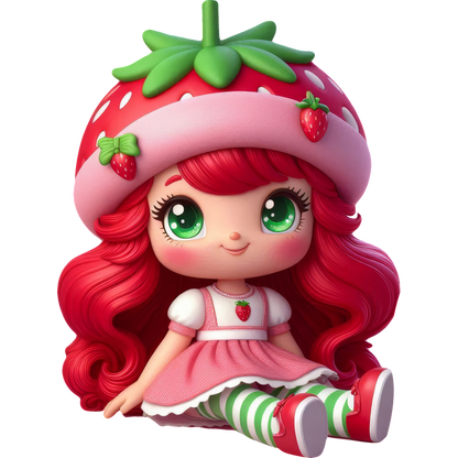 Meet the adorable strawberry-themed doll with vibrant red hair, big green eyes, and a cute strawberry hat and dress!DTF Transfers