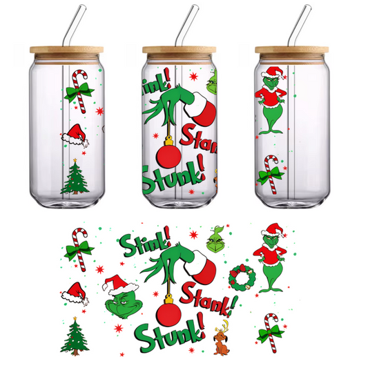 A colorful festive illustration featuring the Grinch, holiday decorations, and the playful phrase "Stink! Stank! Stunk!" perfect for Christmas cheer.UV Transfersdtf regular iron