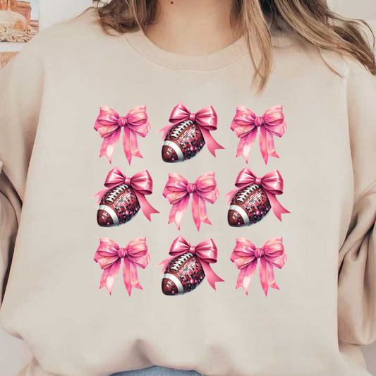 Un patrón vibrante de pelotas de fútbol con brillo rosa adornadas con grandes lazos rosas, perfecto para una temática deportiva divertida y festiva.