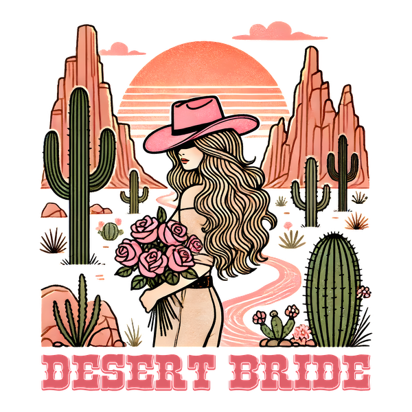 Una elegante ilustración con temática del desierto que presenta a una novia con rosas, vestida de manera minimalista, con paisajes desérticos y cactus como fondo.