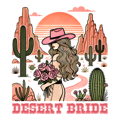 Una elegante ilustración con temática del desierto que presenta a una novia con rosas, vestida de manera minimalista, con paisajes desérticos y cactus como fondo.