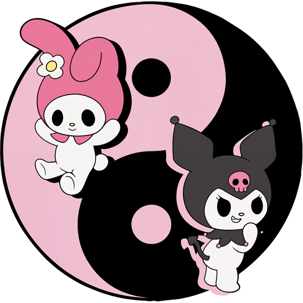 A playful design featuring two cute characters, My Melody in pink and Kuromi in black, against a yin-yang backdrop.DTF Transfers dtf prints