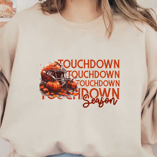 Celebre el fútbol de otoño con este diseño vibrante que presenta un casco de fútbol, ​​calabazas y la frase "Touchdown Season".