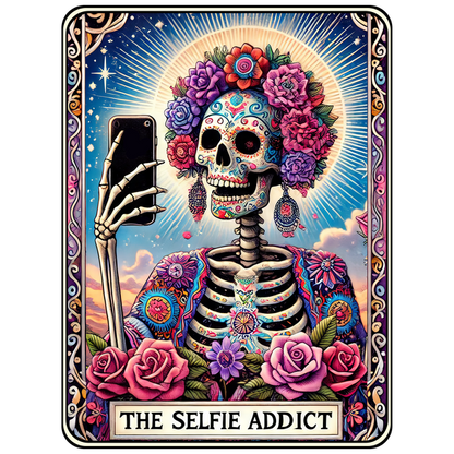 A vibrant, colorful artwork featuring a floral-themed skeleton taking a selfie, highlighted by roses and a celestial background. heat press transfers