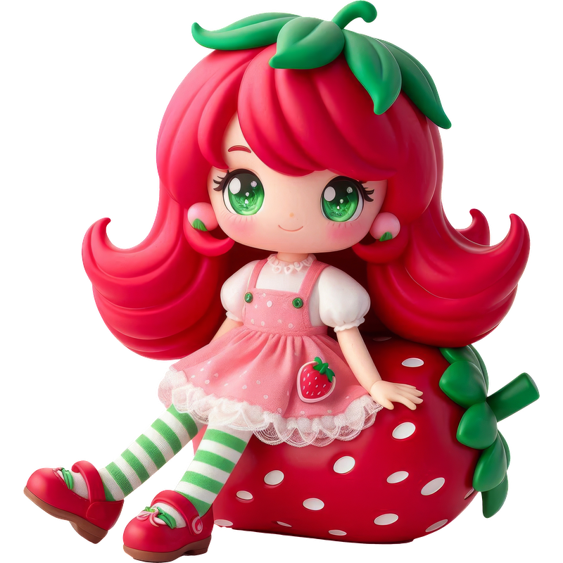 This adorable doll features vibrant pink hair, green eyes, and a strawberry-themed outfit, sitting on a cute strawberry base.DTF Transfers