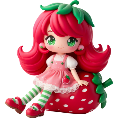 This adorable doll features vibrant pink hair, green eyes, and a strawberry-themed outfit, sitting on a cute strawberry base.DTF Transfers