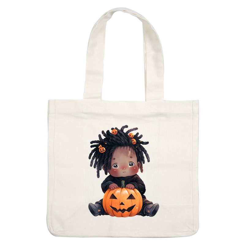 A cute child with playful dreadlocks and pumpkin accessories sits happily with a carved Halloween pumpkin. dtf transfers