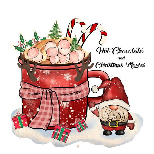 A festive scene featuring a large red mug overflowing with marshmallows, candy canes, and a jolly gnome beside colorful gifts. heat press transfers