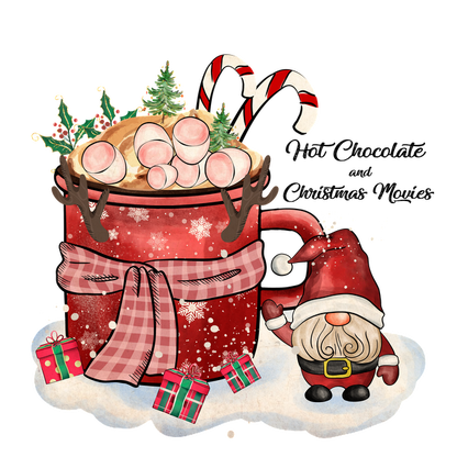 A festive scene featuring a large red mug overflowing with marshmallows, candy canes, and a jolly gnome beside colorful gifts. heat press transfers