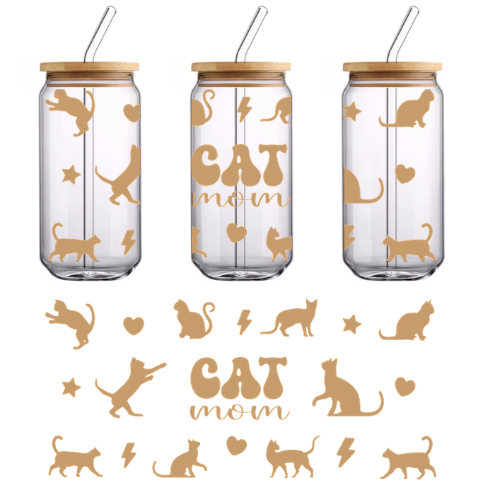 A whimsical design featuring the phrase "CAT mom" surrounded by playful cat silhouettes and cute icons in a warm color palette.UV Transfers dtf transfers