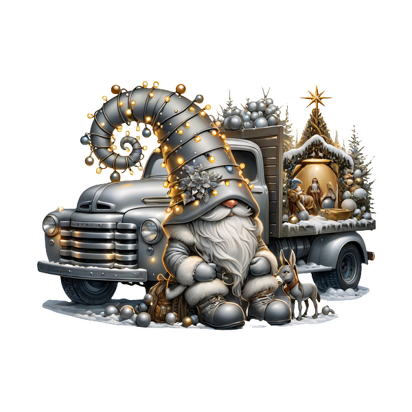 A whimsical gnome with a tall, spiraled hat adorned with lights sits beside a vintage truck carrying a festive nativity scene.DTF Transfersdtf regular iron