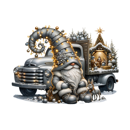 A whimsical gnome with a tall, spiraled hat adorned with lights sits beside a vintage truck carrying a festive nativity scene.DTF Transfersdtf regular iron