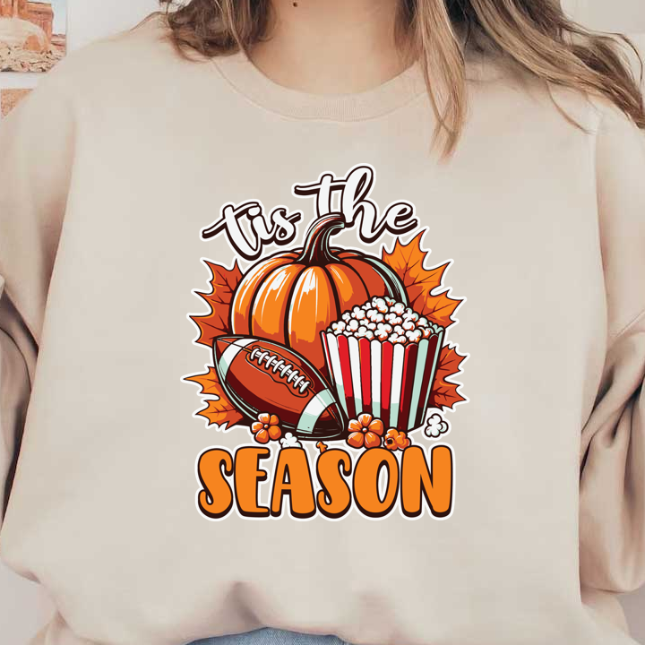 Celebrate the autumn vibe with this vibrant illustration featuring a pumpkin, a football, popcorn, and colorful leaves!dtf regular iron