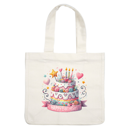 Celebrate with this colorful three-tier birthday cake adorned with vibrant swirls, candles, and a cheerful "Happy Birthday!" banner.DTF Transfers