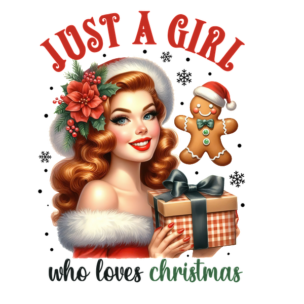 A cheerful vintage illustration of a woman in festive attire holding a gift, celebrating the joy of Christmas. dtf transfers