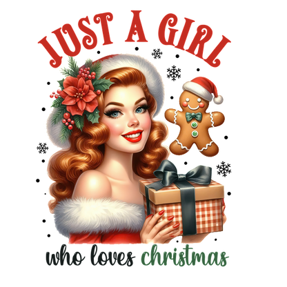 A cheerful vintage illustration of a woman in festive attire holding a gift, celebrating the joy of Christmas. dtf transfers