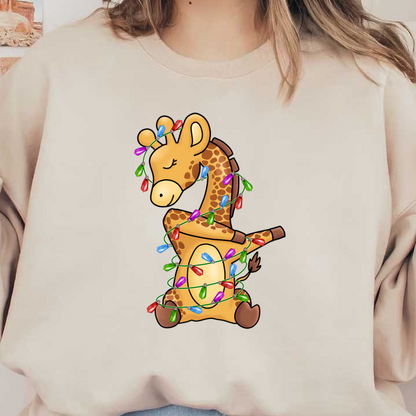 A cheerful cartoon giraffe wrapped in colorful Christmas lights, radiating holiday joy and playfulness. heat press transfers