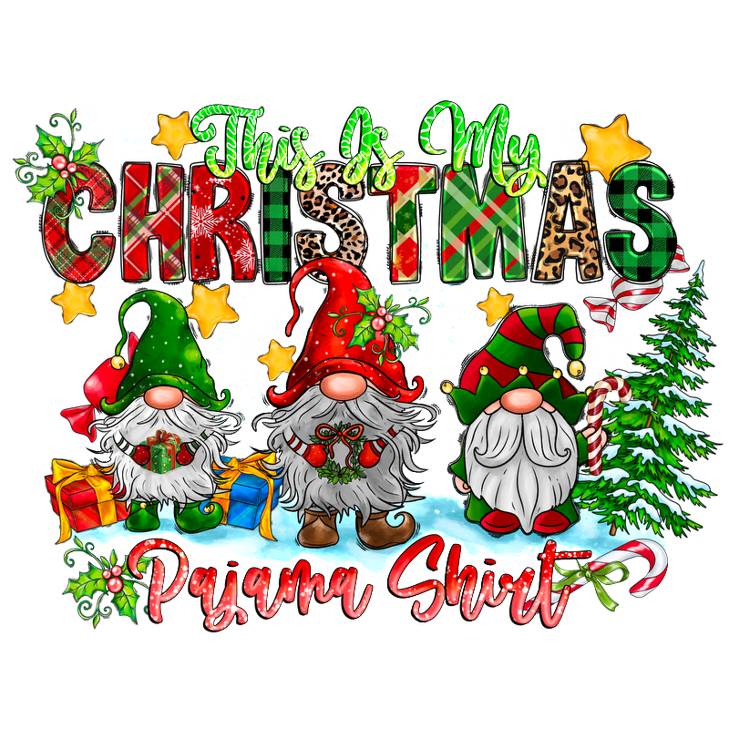 Festive and fun, this "This Is My Christmas Pajama Shirt" features adorable gnomes, colorful gifts, and cheerful holiday elements.DTF Transfersdtf regular iron