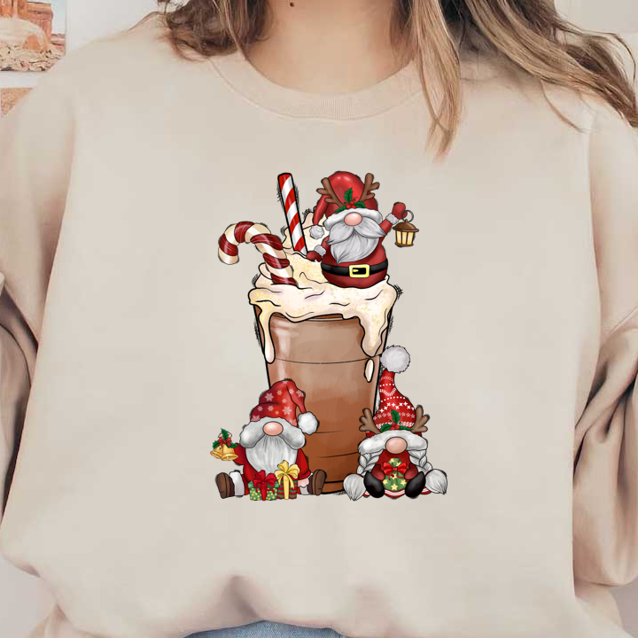 A festive illustration featuring adorable gnomes and Santa enjoying a giant holiday-themed drink topped with whipped cream and candy canes.DTF Transfersdtf regular irondtf regular iron