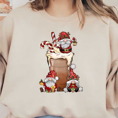 A festive illustration featuring adorable gnomes and Santa enjoying a giant holiday-themed drink topped with whipped cream and candy canes.DTF Transfersdtf regular irondtf regular iron