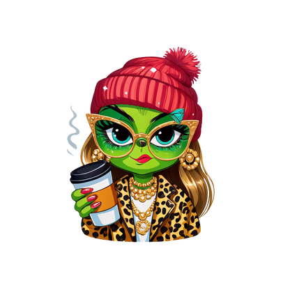 This vibrant character sports a fashionable leopard print jacket and a cozy red beanie, holding a coffee cup with style.DTF Transfers