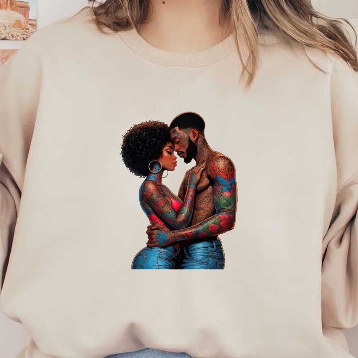 A vibrant digital illustration of a couple sharing an intimate moment, adorned with colorful tattoos and stylish outfits.DTF Transfers heat press transfers