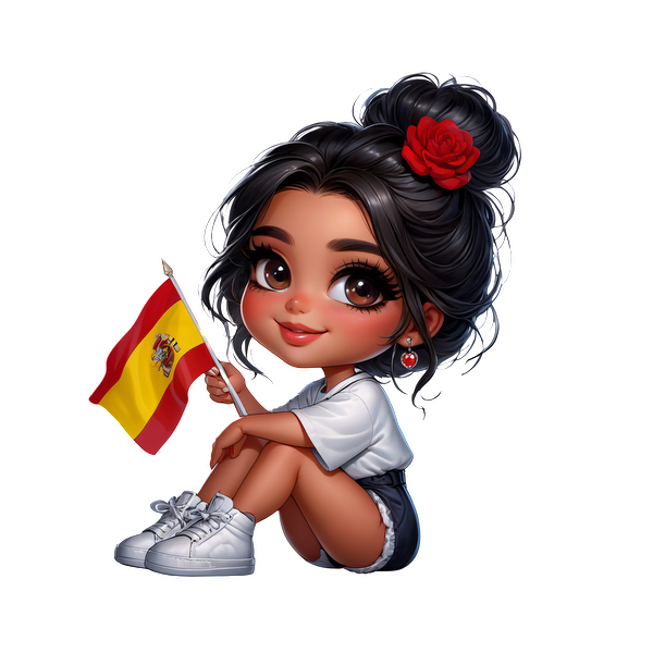 A cheerful cartoon girl holding a Spanish flag, styled with a floral headpiece and casual modern attire.DTF Transfers heat press transfers