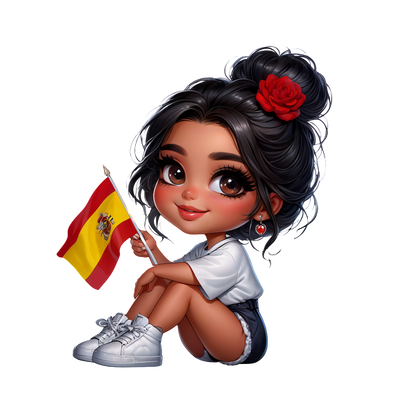 A cheerful cartoon girl holding a Spanish flag, styled with a floral headpiece and casual modern attire.DTF Transfers heat press transfers