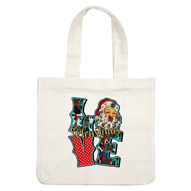 Festive design featuring a cheerful Santa and colorful letters spelling "Love Christmas," blending different textures and patterns. dtf prints