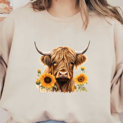 Una encantadora vaca de las Highlands enmarcada por vibrantes girasoles, que resalta sus distintivos cuernos y su pelaje esponjoso.