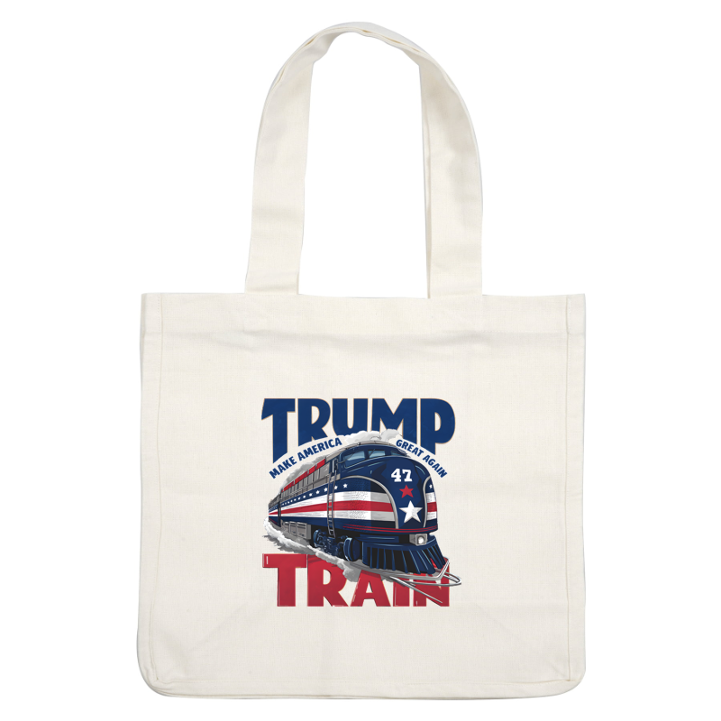 Un gráfico vibrante que presenta un tren de estilo retro adornado con colores patrióticos, que muestra el texto en negrita "TRUMP TRAIN" y el número 47.