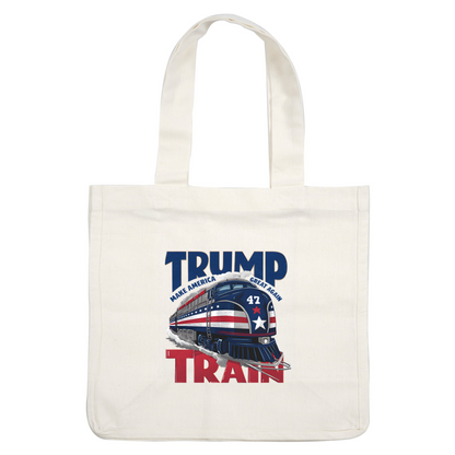 Un gráfico vibrante que presenta un tren de estilo retro adornado con colores patrióticos, que muestra el texto en negrita "TRUMP TRAIN" y el número 47.