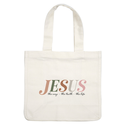 A vibrant typographic design featuring the word "JESUS" with a slogan that reads "the way · the truth · the life."DTF Transfers