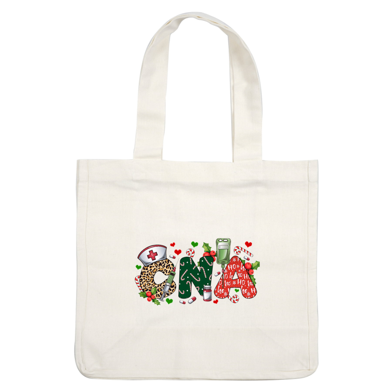 A vibrant holiday-themed design featuring the letters "CNA" adorned with festive elements like candy canes and a nurse's cap.DTF Transfers