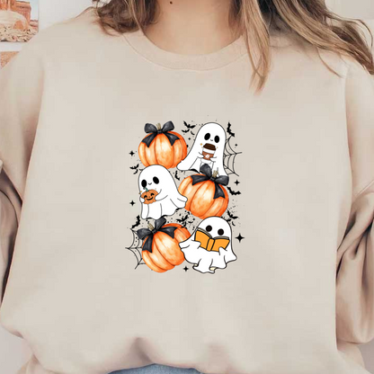 A charming illustration of cute ghosts enjoying cozy activities alongside festive pumpkins adorned with elegant bows. dtf transfers