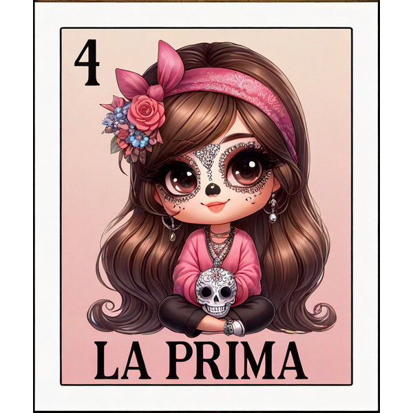 A charming illustration of a girl with a sugar skull makeup, adorned with flowers, holding a skull and wearing a pink outfit. heat press transfers