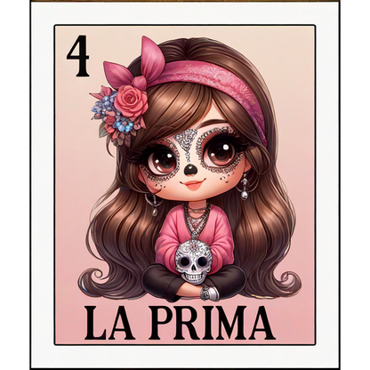 A charming illustration of a girl with a sugar skull makeup, adorned with flowers, holding a skull and wearing a pink outfit. heat press transfers