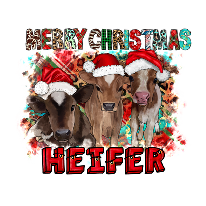 Celebrate the holidays with this cheerful design featuring adorable heifers in Santa hats, perfect for Christmas spirit!DTF Transfers dtf prints