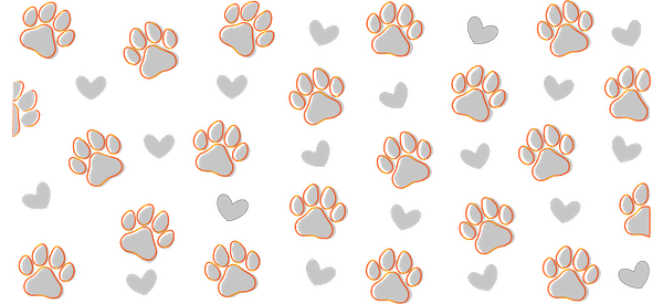 A playful pattern featuring orange-tipped paw prints and hearts on a contrasting black background, perfect for pet lovers.UV Transfers dtf transfers