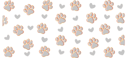 A playful pattern featuring orange-tipped paw prints and hearts on a contrasting black background, perfect for pet lovers.UV Transfers dtf transfers