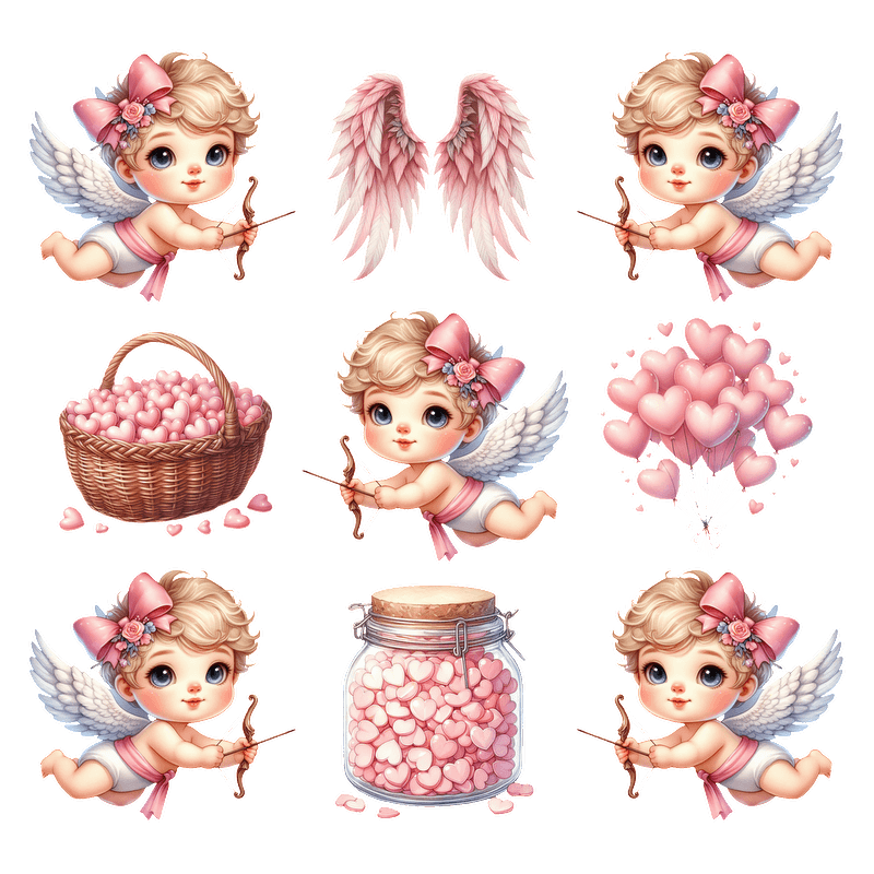 A charming collection of angelic cherubs, featuring hearts, balloons, and themed accessories perfect for Valentine's Day decorations.DTF Transfers