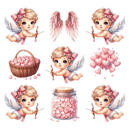 A charming collection of angelic cherubs, featuring hearts, balloons, and themed accessories perfect for Valentine's Day decorations.DTF Transfers