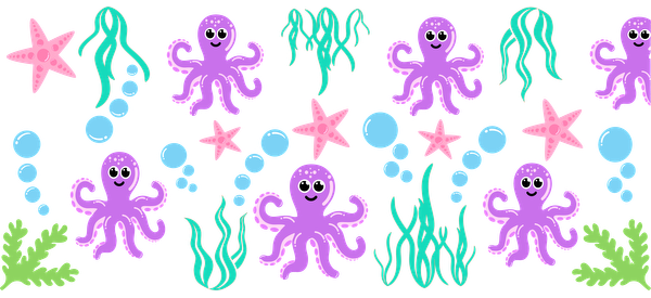 A playful underwater scene featuring cute purple octopuses, colorful starfish, and vibrant seaweed with cheerful bubbles.UV Transfers heat press transfers