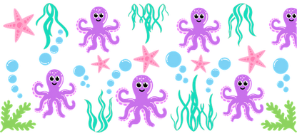 A playful underwater scene featuring cute purple octopuses, colorful starfish, and vibrant seaweed with cheerful bubbles.UV Transfers heat press transfers