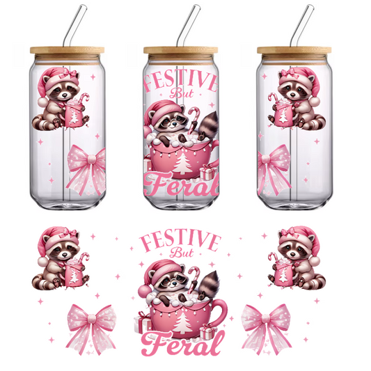 A cute and festive design featuring adorable raccoons in pink hats, a cozy cup, and cheerful bows, perfect for holiday cheer!UV Transfers dtf transfers