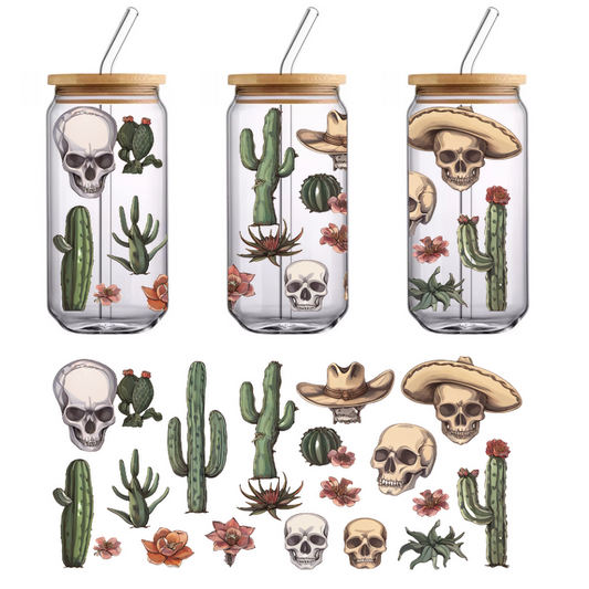 A vibrant assortment of skulls, cacti, and colorful flowers, featuring sombreros and various succulent plants, perfect for a whimsical design.UV Transfers heat press transfers