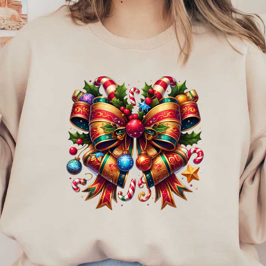 A festive, colorful Christmas bow adorned with ornaments, candy canes, and holly, perfect for holiday decorations. dtf prints